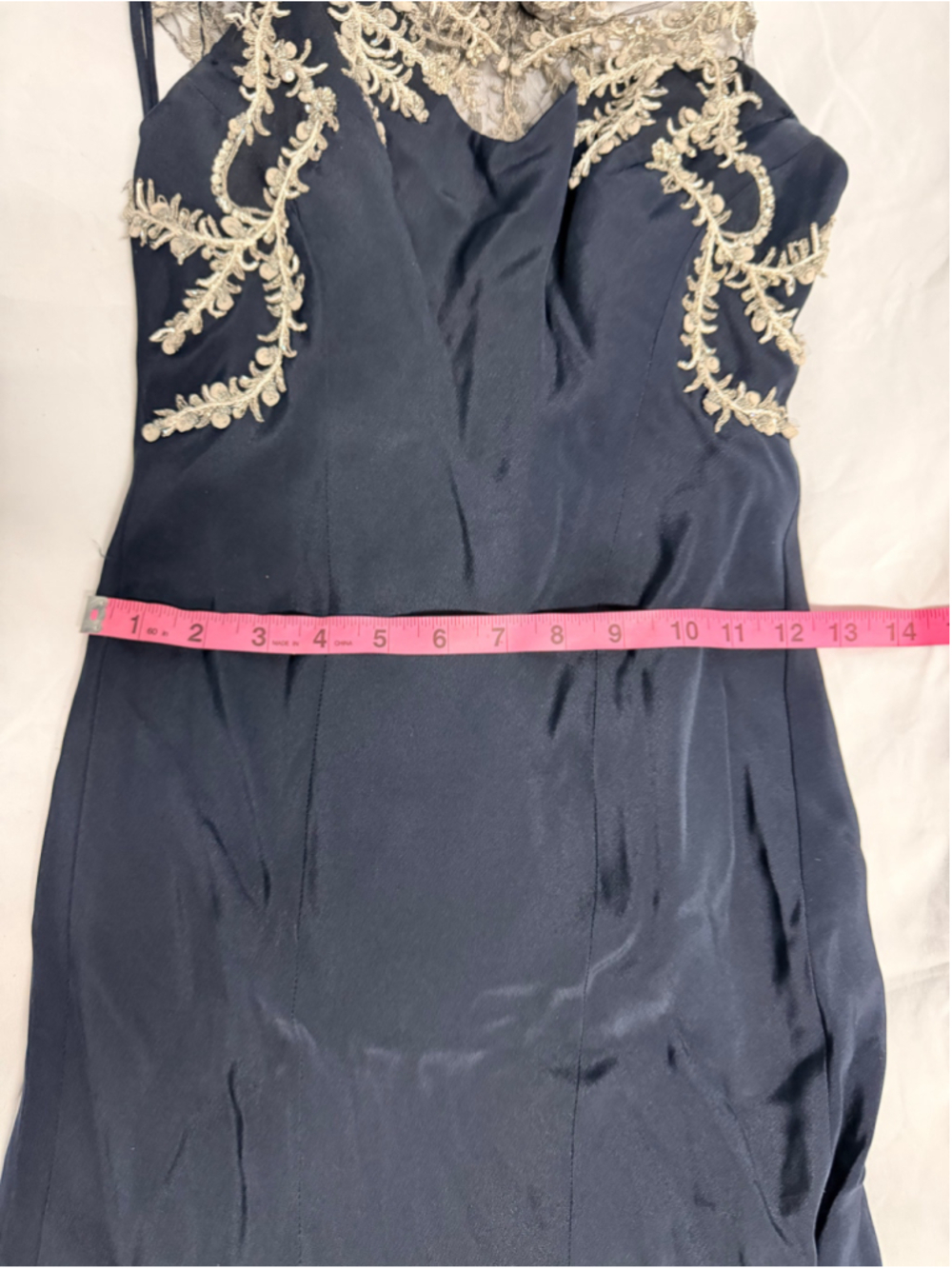 Anna Maier Couture Navy Blue Formal Gown | Silver Embroidered Illusion Bodice | - Picture 14 of 17